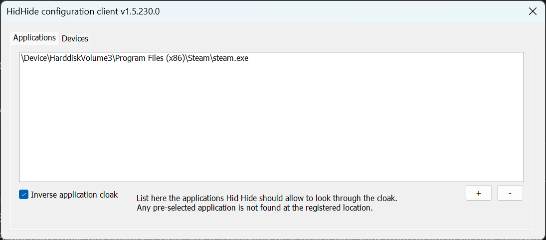 HidHide applications blacklist